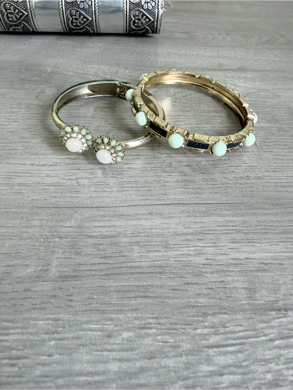 Gold-Tone Stackable Bracelet Duo with Mint Green and White Accents